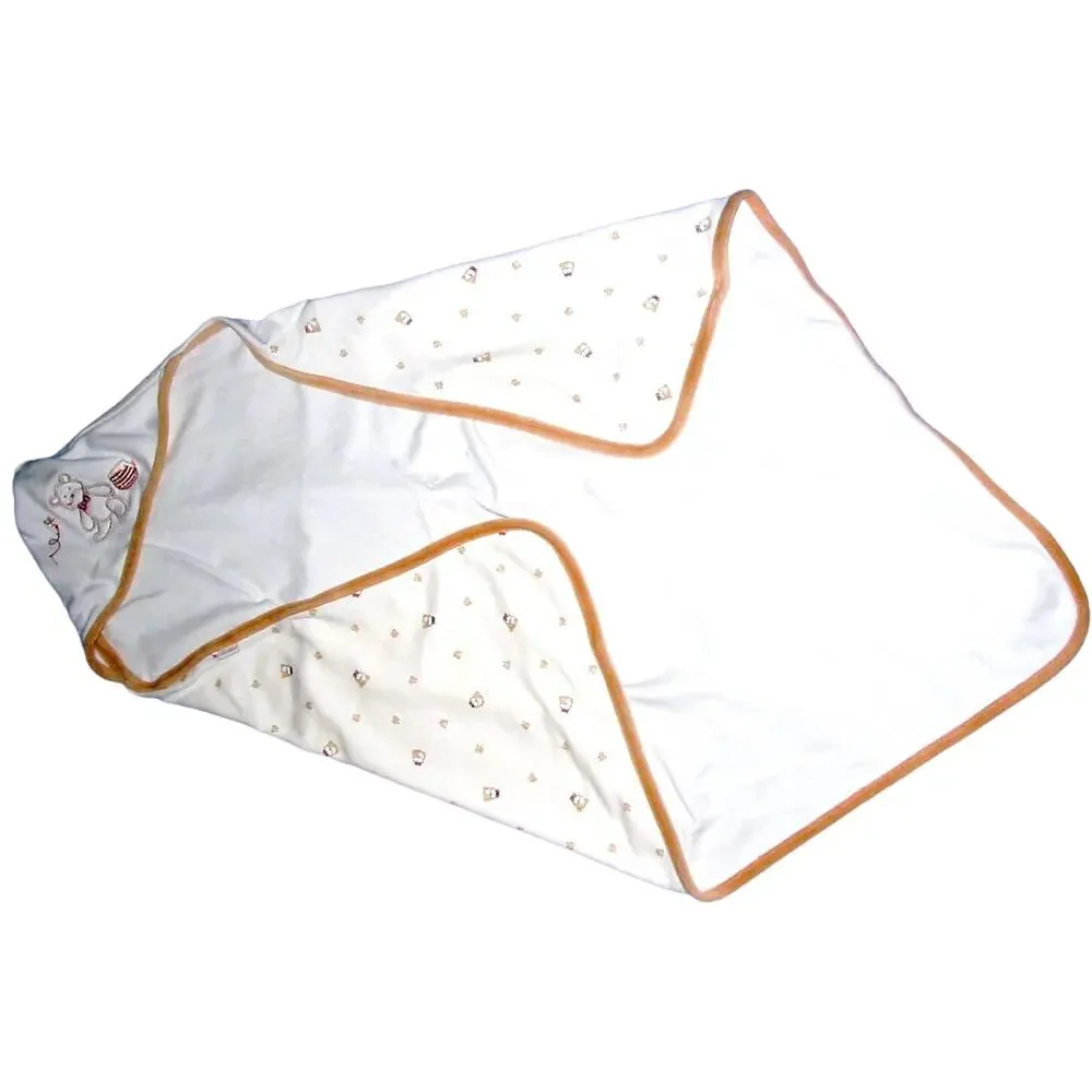 Le Top Infant Hooded Bath Blanket White Tan Teddy Bear 19x19 inches Cotton